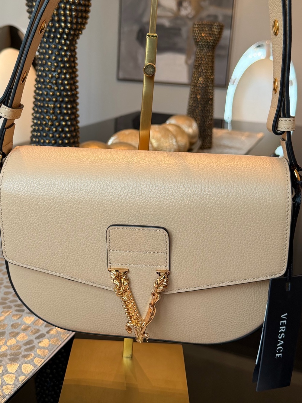 Versace Virtus Leather Shoulder/Crossbody Bag with Gold Chain V Accent - Picture 3 of 10